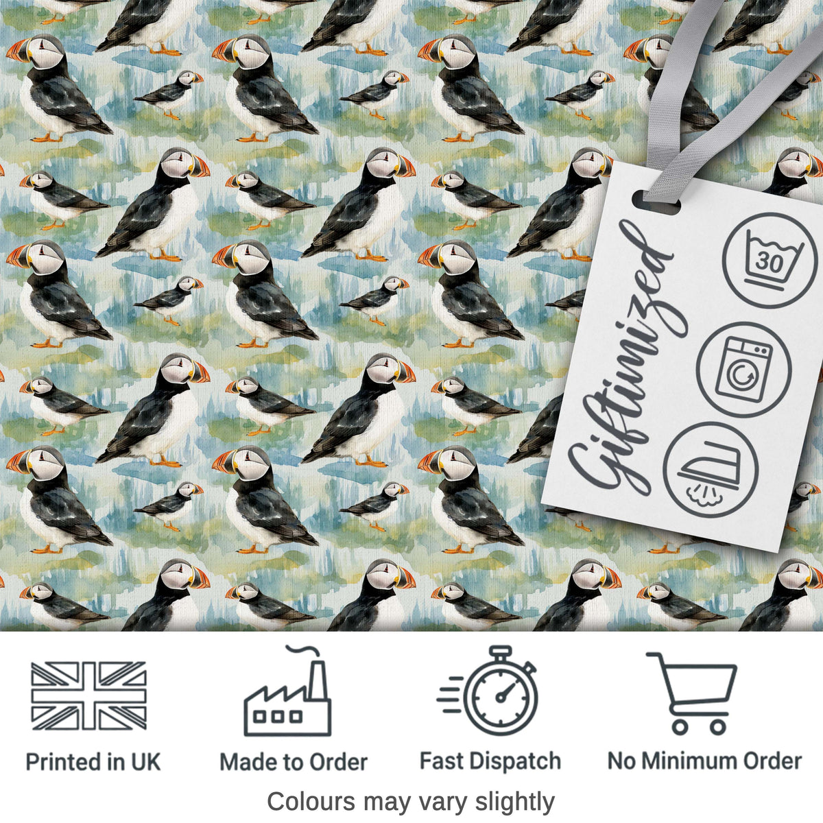 Cute Puffin Birds Watercolor Seamless Pattern Coastal Nature Wildlife Design Digital Print Fabric by the Metre UK Sewing Quilting Textile