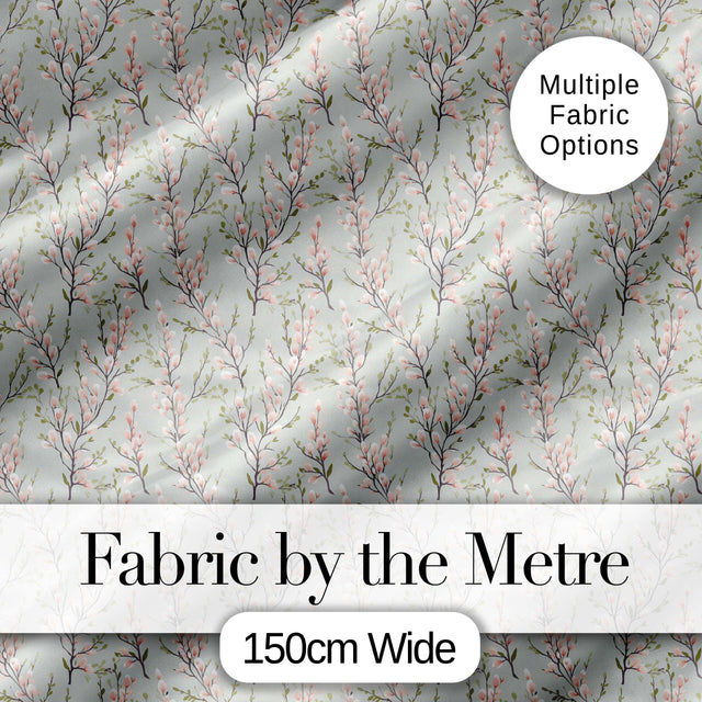 Delicate Pink Blossom Branches Seamless Floral Pattern Soft Sage Background Digital Print Fabric by the Metre UK Sewing Quilting Textile
