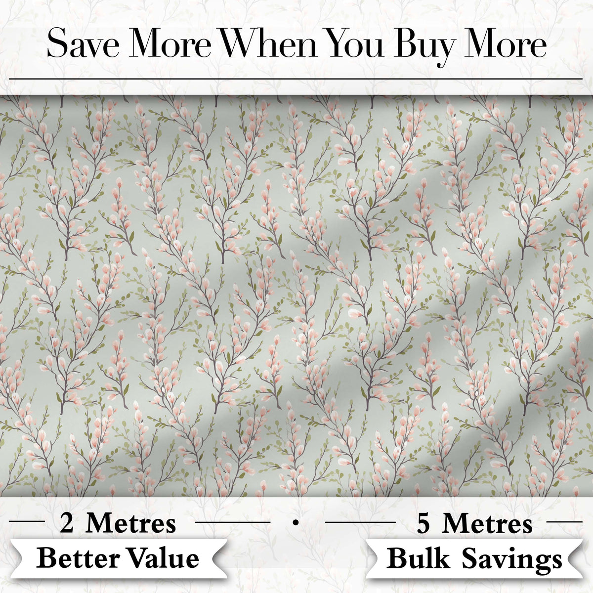 Delicate Pink Blossom Branches Seamless Floral Pattern Soft Sage Background Digital Print Fabric by the Metre UK Sewing Quilting Textile