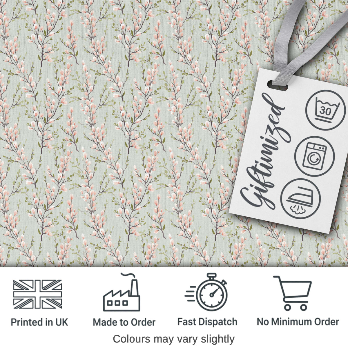 Delicate Pink Blossom Branches Seamless Floral Pattern Soft Sage Background Digital Print Fabric by the Metre UK Sewing Quilting Textile
