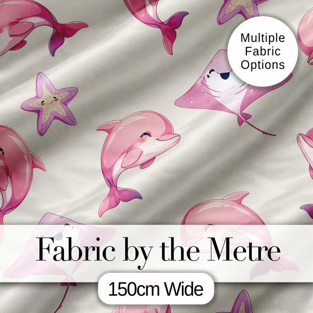 Cute Pink Dolphins and Starfish Seamless Ocean Pattern Soft Beige Background Digital Print Fabric by the Metre UK Sewing Quilting Textile