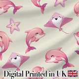 Cute Pink Dolphins and Starfish Seamless Ocean Pattern Soft Beige Background Digital Print Fabric by the Metre UK Sewing Quilting Textile