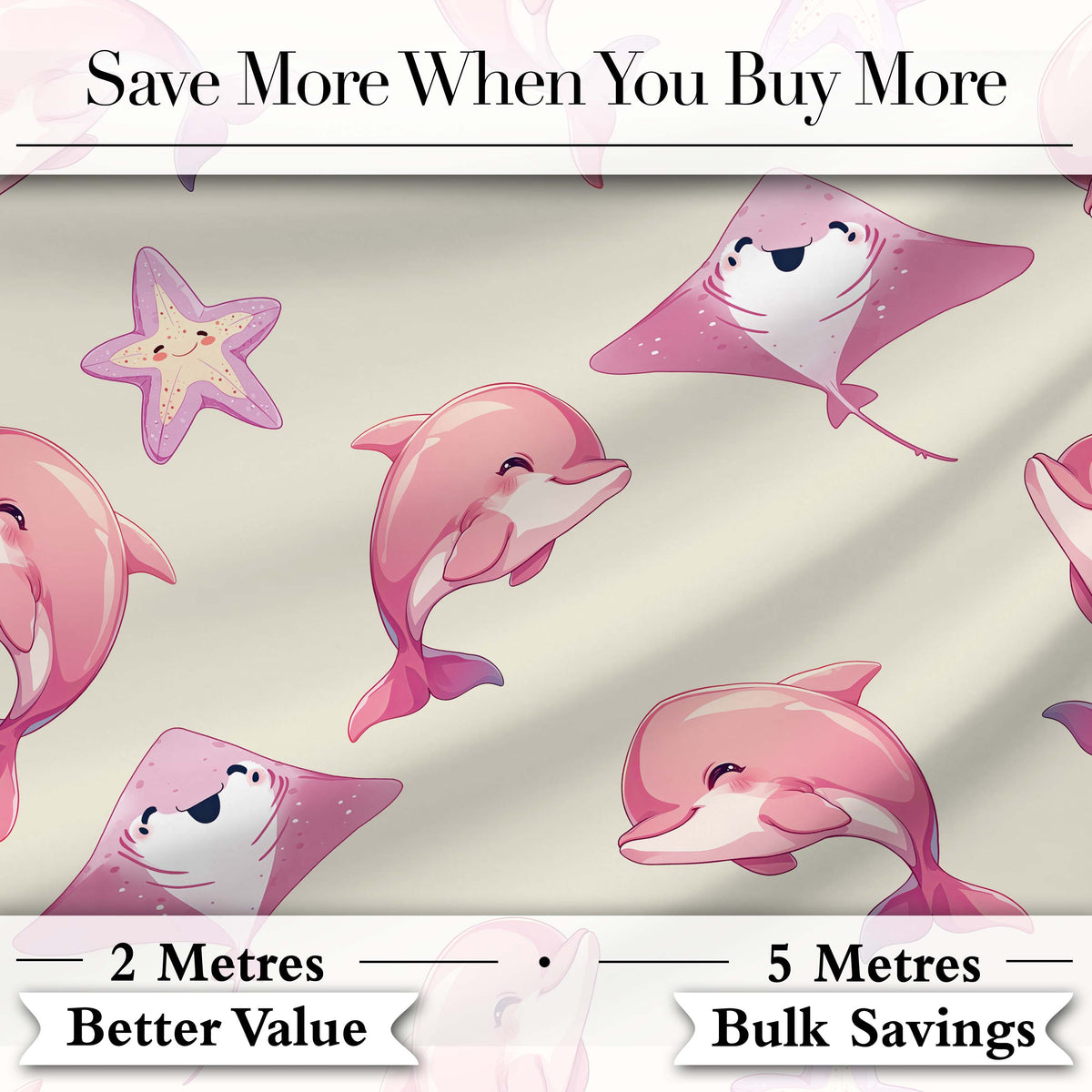 Cute Pink Dolphins and Starfish Seamless Ocean Pattern Soft Beige Background Digital Print Fabric by the Metre UK Sewing Quilting Textile
