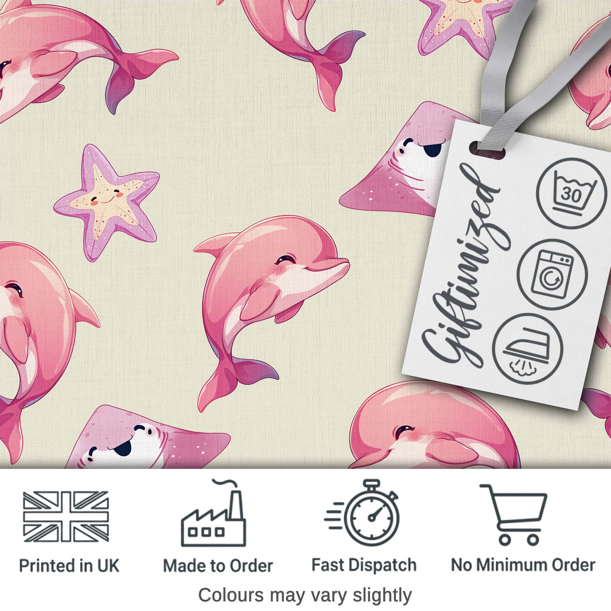 Cute Pink Dolphins and Starfish Seamless Ocean Pattern Soft Beige Background Digital Print Fabric by the Metre UK Sewing Quilting Textile