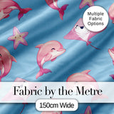 Cute Pink Dolphins and Starfish Seamless Ocean Pattern Soft Blue Background Digital Print Fabric by the Metre UK Sewing Quilting Textile
