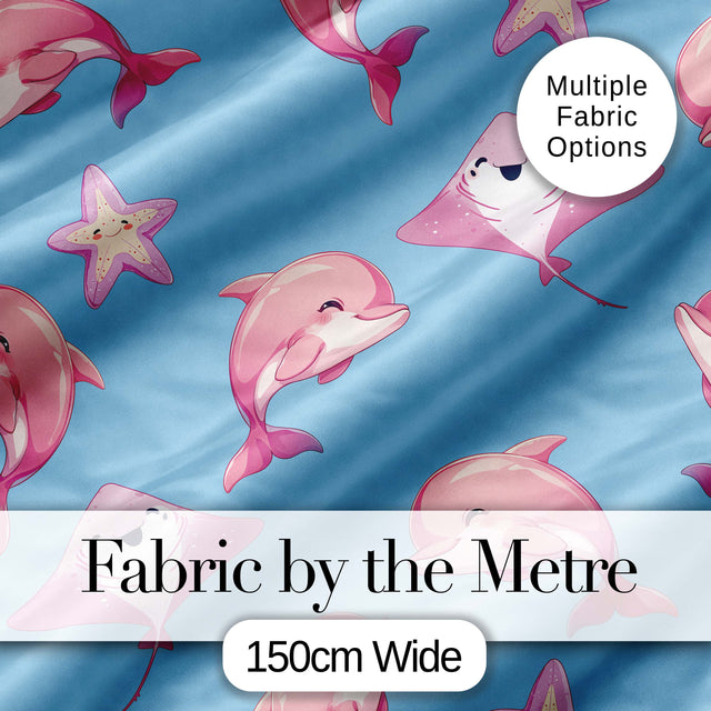 Cute Pink Dolphins and Starfish Seamless Ocean Pattern Soft Blue Background Digital Print Fabric by the Metre UK Sewing Quilting Textile