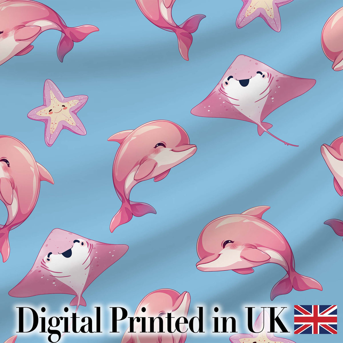 Cute Pink Dolphins and Starfish Seamless Ocean Pattern Soft Blue Background Digital Print Fabric by the Metre UK Sewing Quilting Textile