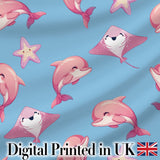 Cute Pink Dolphins and Starfish Seamless Ocean Pattern Soft Blue Background Digital Print Fabric by the Metre UK Sewing Quilting Textile