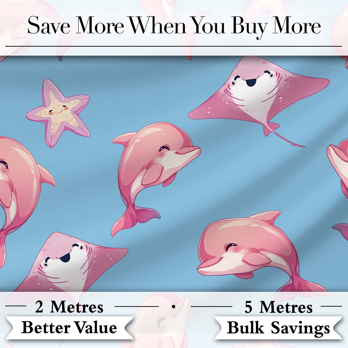 Cute Pink Dolphins and Starfish Seamless Ocean Pattern Soft Blue Background Digital Print Fabric by the Metre UK Sewing Quilting Textile