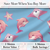 Cute Pink Dolphins and Starfish Seamless Ocean Pattern Soft Blue Background Digital Print Fabric by the Metre UK Sewing Quilting Textile