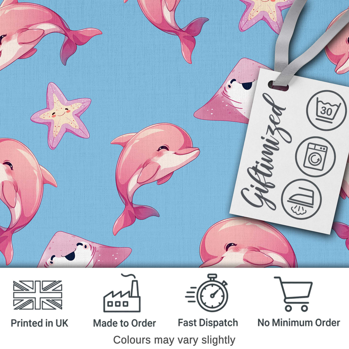 Cute Pink Dolphins and Starfish Seamless Ocean Pattern Soft Blue Background Digital Print Fabric by the Metre UK Sewing Quilting Textile