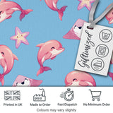 Cute Pink Dolphins and Starfish Seamless Ocean Pattern Soft Blue Background Digital Print Fabric by the Metre UK Sewing Quilting Textile