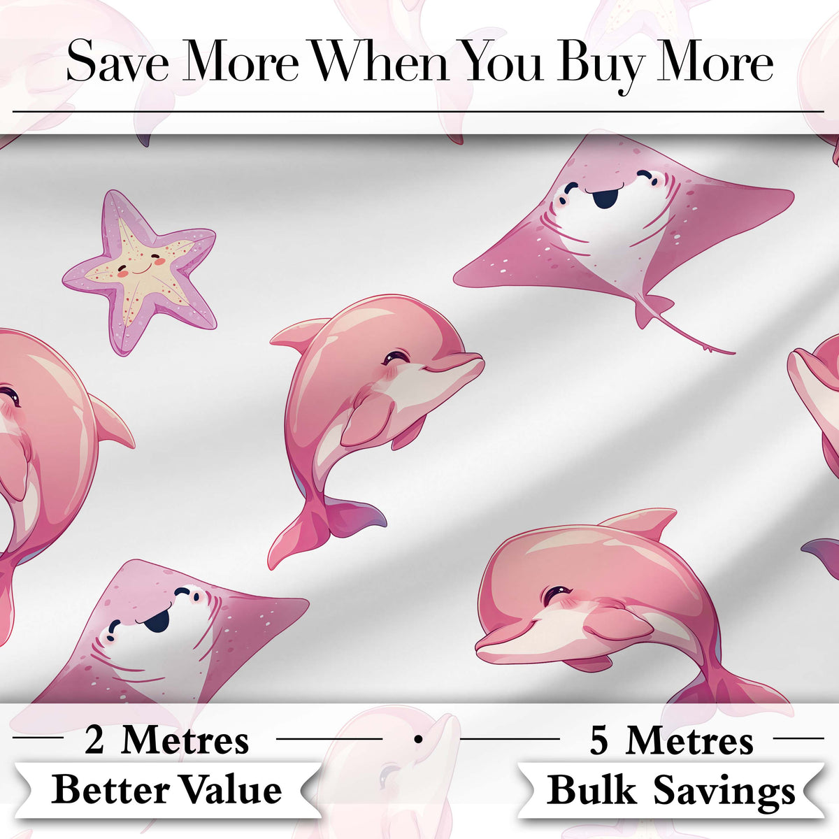 Cute Pink Dolphins and Starfish Seamless Ocean  Light Grey Background Digital Print Fabric by the Metre UK Sewing Quilting Textile