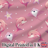 Cute Pink Dolphins and Starfish Seamless Ocean  Pink Polka Dot Background Digital Print Fabric by the Metre UK Sewing Quilting Textile