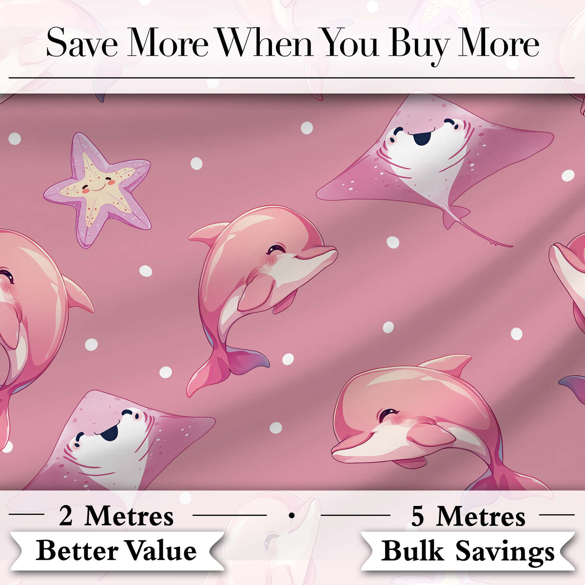 Cute Pink Dolphins and Starfish Seamless Ocean  Pink Polka Dot Background Digital Print Fabric by the Metre UK Sewing Quilting Textile