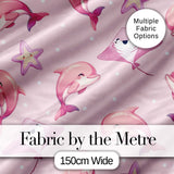 Cute Pink Dolphins and Starfish  Ocean  Soft Pink Polka Dot Background Digital Print Fabric by the Metre UK Sewing Quilting Textile