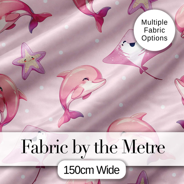 Cute Pink Dolphins and Starfish  Ocean  Soft Pink Polka Dot Background Digital Print Fabric by the Metre UK Sewing Quilting Textile