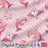 Cute Pink Dolphins and Starfish  Ocean  Soft Pink Polka Dot Background Digital Print Fabric by the Metre UK Sewing Quilting Textile