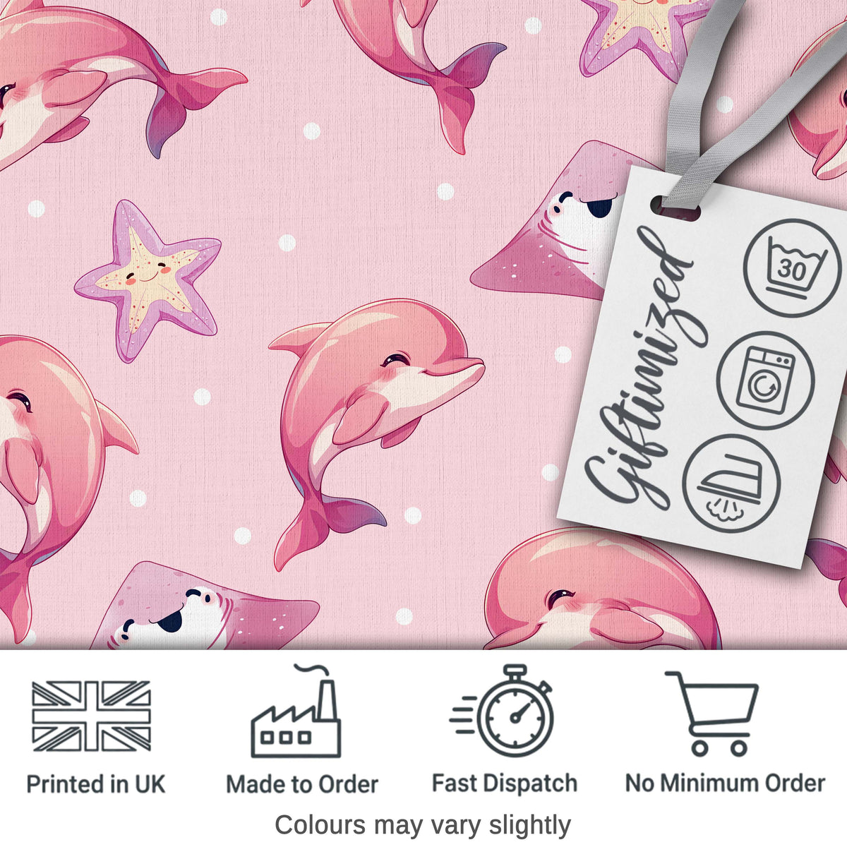 Cute Pink Dolphins and Starfish  Ocean  Soft Pink Polka Dot Background Digital Print Fabric by the Metre UK Sewing Quilting Textile