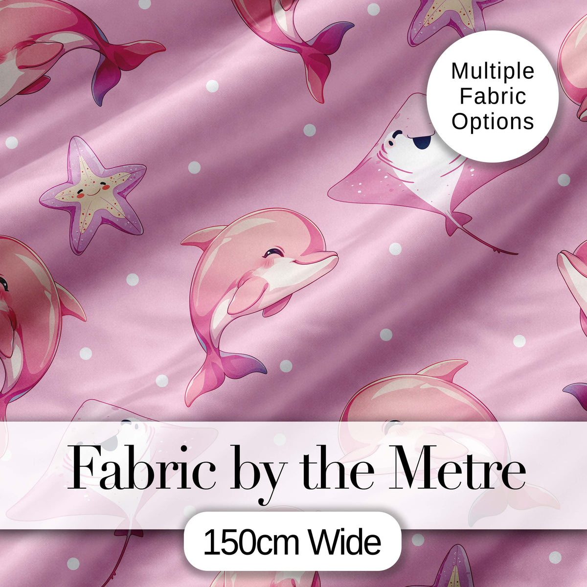 Cute Pink Dolphins and Starfish Seamless Ocean Pattern Pink Background Digital Print Fabric by the Metre UK Sewing Quilting Textile