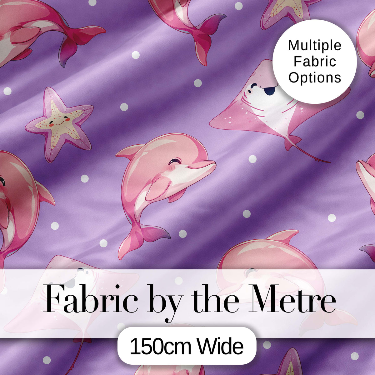 Cute Pink Dolphins and Starfish Seamless Ocean Pattern Purple Background Digital Print Fabric by the Metre UK Sewing Quilting Textile