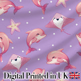Cute Pink Dolphins and Starfish Seamless Ocean Pattern Purple Background Digital Print Fabric by the Metre UK Sewing Quilting Textile