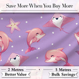 Cute Pink Dolphins and Starfish Seamless Ocean Pattern Purple Background Digital Print Fabric by the Metre UK Sewing Quilting Textile