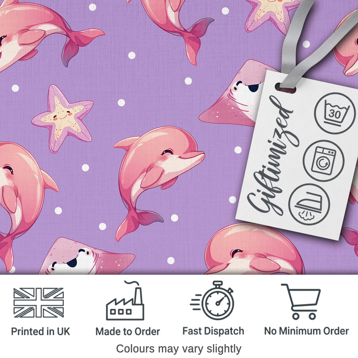 Cute Pink Dolphins and Starfish Seamless Ocean Pattern Purple Background Digital Print Fabric by the Metre UK Sewing Quilting Textile