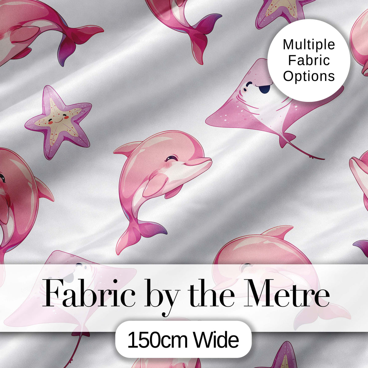 Cute Pink Dolphins and Starfish Seamless Ocean Pattern Light Grey Background Digital Print Fabric by the Metre UK Sewing Quilting Textile
