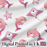 Cute Pink Dolphins and Starfish Seamless Ocean Pattern Light Grey Background Digital Print Fabric by the Metre UK Sewing Quilting Textile