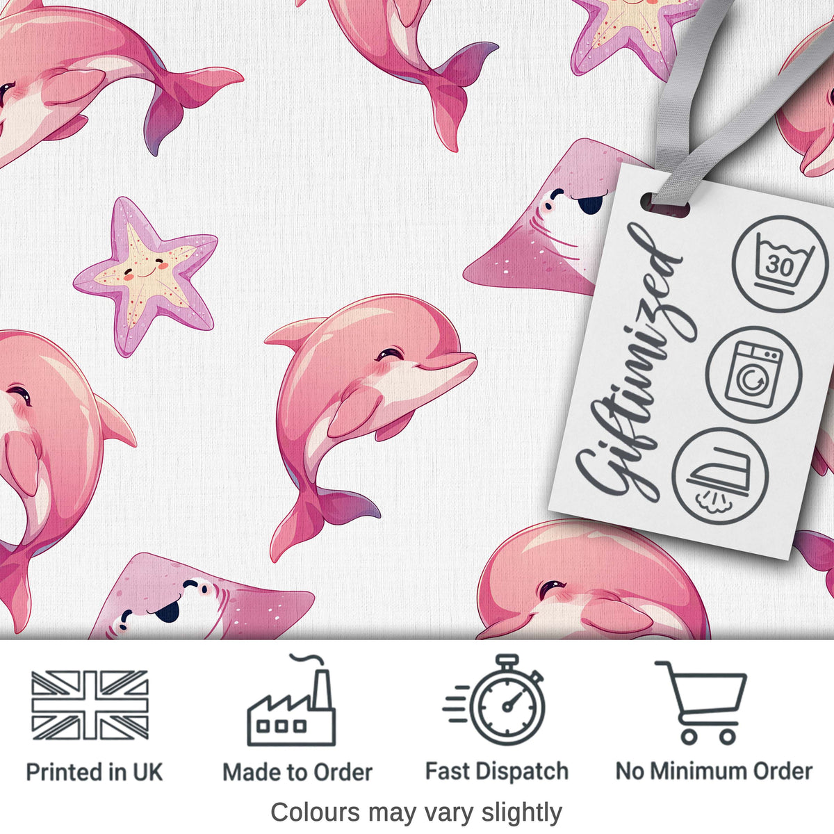 Cute Pink Dolphins and Starfish Seamless Ocean Pattern Light Grey Background Digital Print Fabric by the Metre UK Sewing Quilting Textile