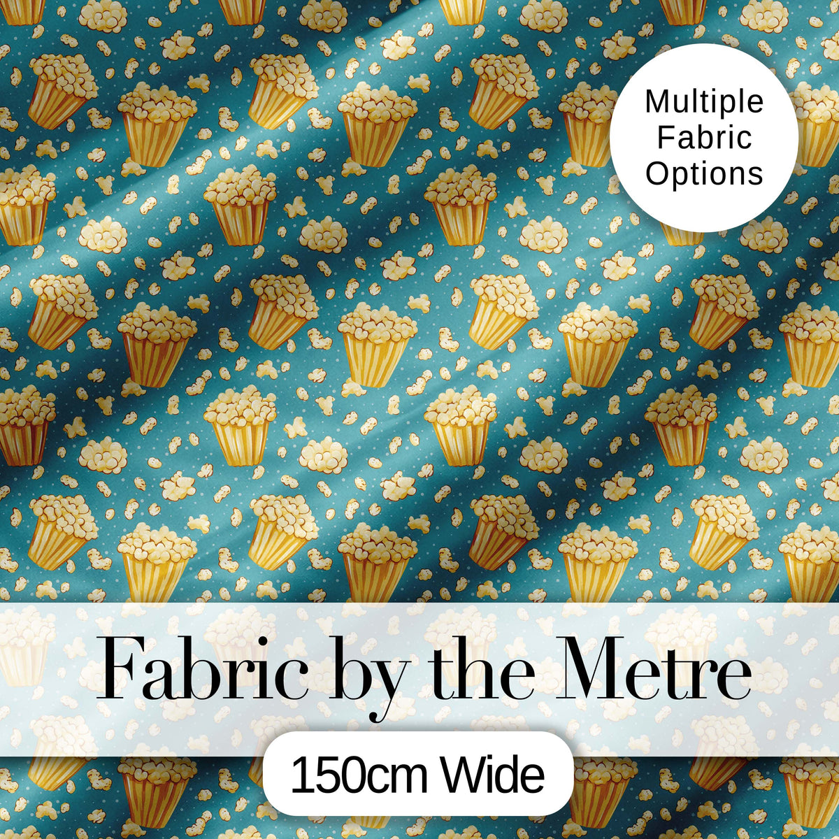 Golden Popcorn Buckets and Scattered Kernels on Blue Background  Snack  Digital Print Fabric by the Metre UK Sewing Quilting Textile
