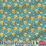 Golden Popcorn Buckets and Scattered Kernels on Blue Background  Snack  Digital Print Fabric by the Metre UK Sewing Quilting Textile