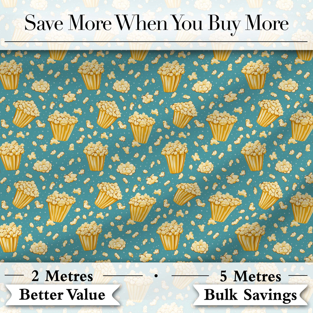 Golden Popcorn Buckets and Scattered Kernels on Blue Background  Snack  Digital Print Fabric by the Metre UK Sewing Quilting Textile
