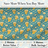 Golden Popcorn Buckets and Scattered Kernels on Blue Background  Snack  Digital Print Fabric by the Metre UK Sewing Quilting Textile