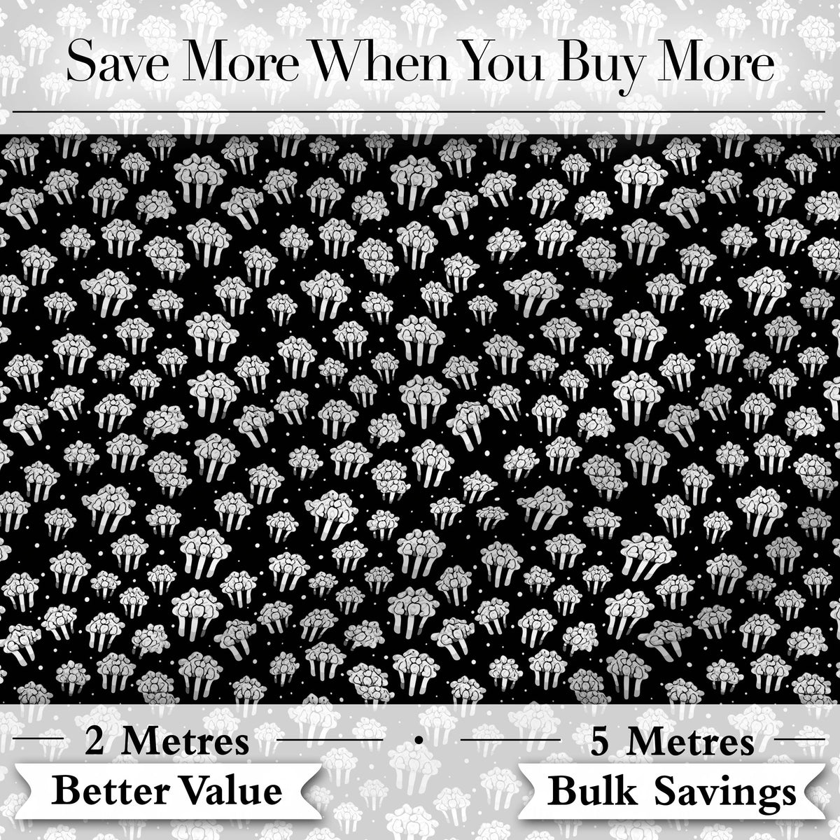 Minimal Monochrome Popcorn Buckets on Black Background Seamless Pattern Digital Print Fabric by the Metre UK Sewing Quilting Textile