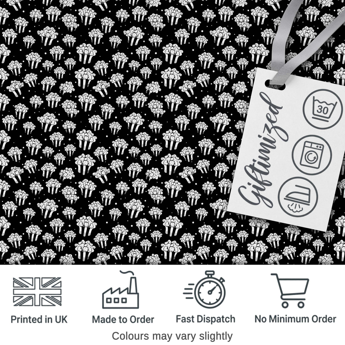 Minimal Monochrome Popcorn Buckets on Black Background Seamless Pattern Digital Print Fabric by the Metre UK Sewing Quilting Textile