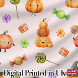Cute Watercolor Pumpkins and Candy Sweets on Neutral Beige Background   Digital Print Fabric by the Metre UK Sewing Quilting Textile