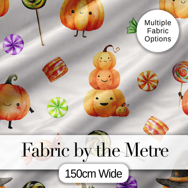 Cute Watercolor Pumpkins and Candy Sweets on Teal Green Background   Digital Print Fabric by the Metre UK Sewing Quilting Textile