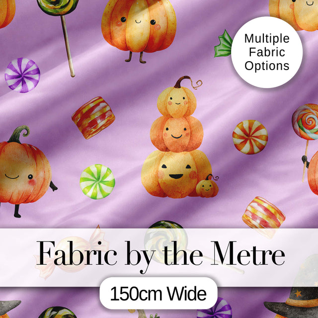 Cute Watercolor Pumpkins and Candy Sweets on Sage Green Background   Digital Print Fabric by the Metre UK Sewing Quilting Textile