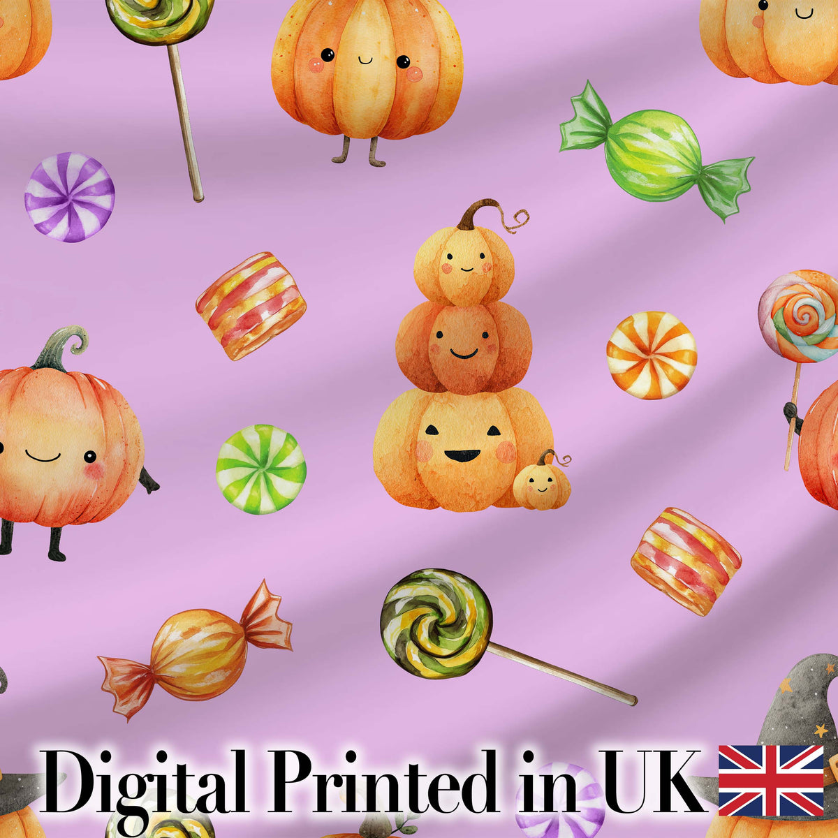Cute Watercolor Pumpkins and Candy Sweets on Sage Green Background   Digital Print Fabric by the Metre UK Sewing Quilting Textile