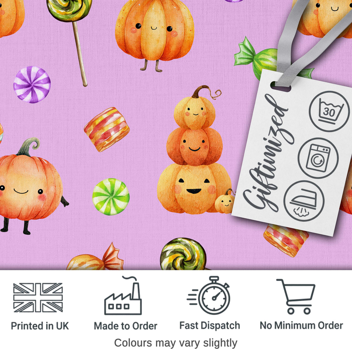 Cute Watercolor Pumpkins and Candy Sweets on Sage Green Background   Digital Print Fabric by the Metre UK Sewing Quilting Textile