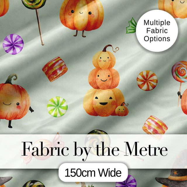 Cute Watercolor Pumpkins and Candy Sweets on Cream Background Seamless Pattern Digital Print Fabric by the Metre UK Sewing Quilting Textile