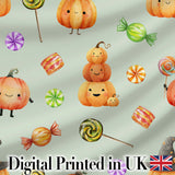 Cute Watercolor Pumpkins and Candy Sweets on Cream Background Seamless Pattern Digital Print Fabric by the Metre UK Sewing Quilting Textile