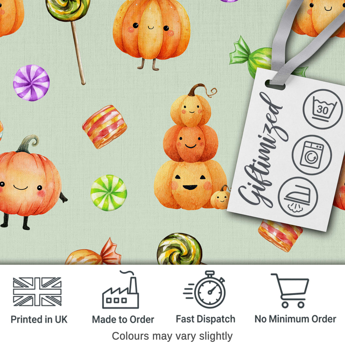 Cute Watercolor Pumpkins and Candy Sweets on Cream Background Seamless Pattern Digital Print Fabric by the Metre UK Sewing Quilting Textile