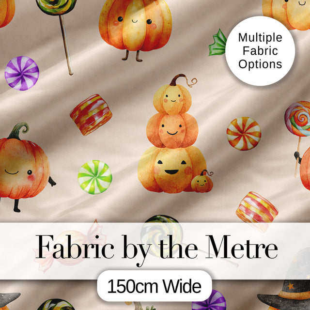 Cute Watercolor Pumpkins and Candy Sweets on Soft Lilac Background   Digital Print Fabric by the Metre UK Sewing Quilting Textile