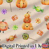 Cute Watercolor Pumpkins and Candy Sweets on Soft Lilac Background   Digital Print Fabric by the Metre UK Sewing Quilting Textile
