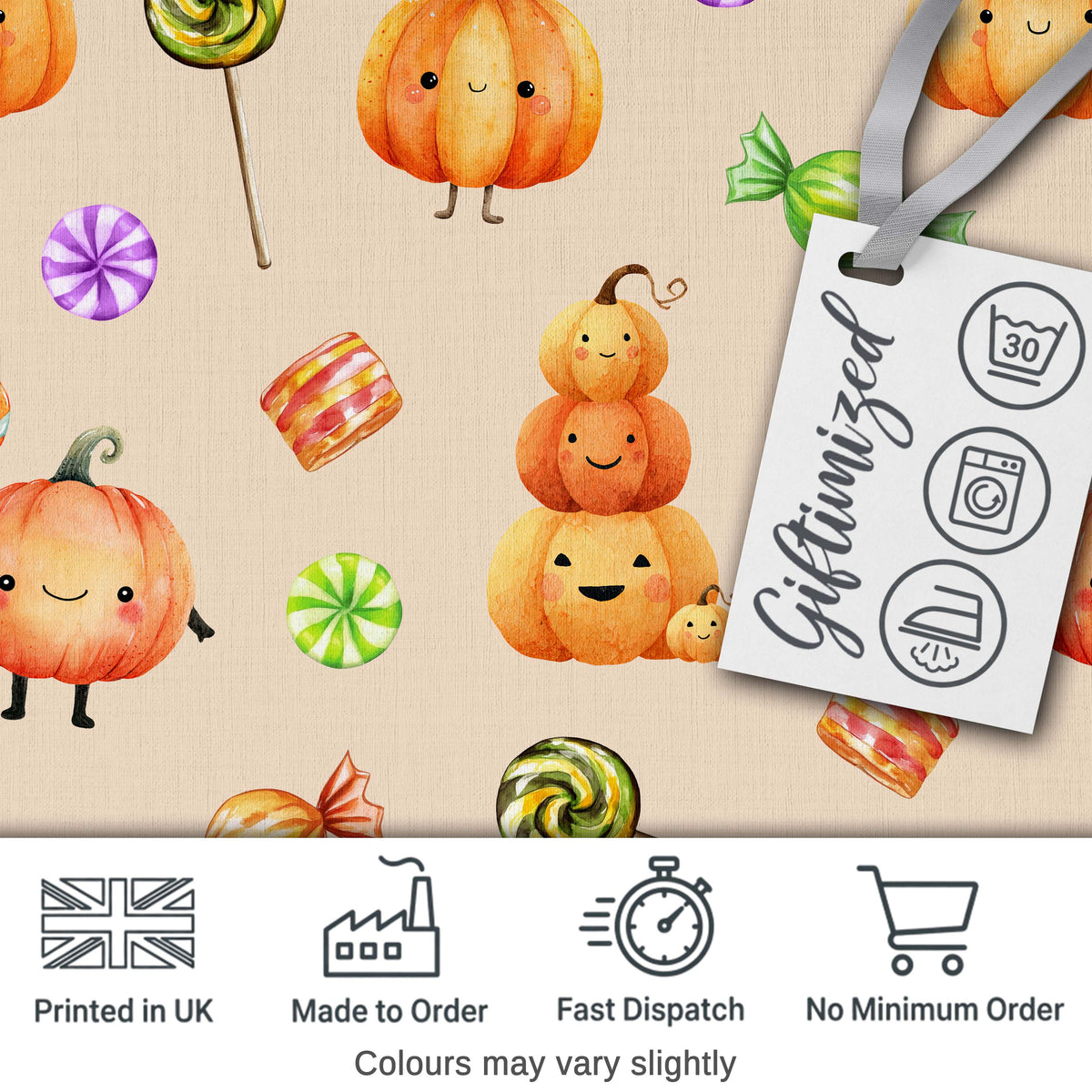 Cute Watercolor Pumpkins and Candy Sweets on Soft Lilac Background   Digital Print Fabric by the Metre UK Sewing Quilting Textile