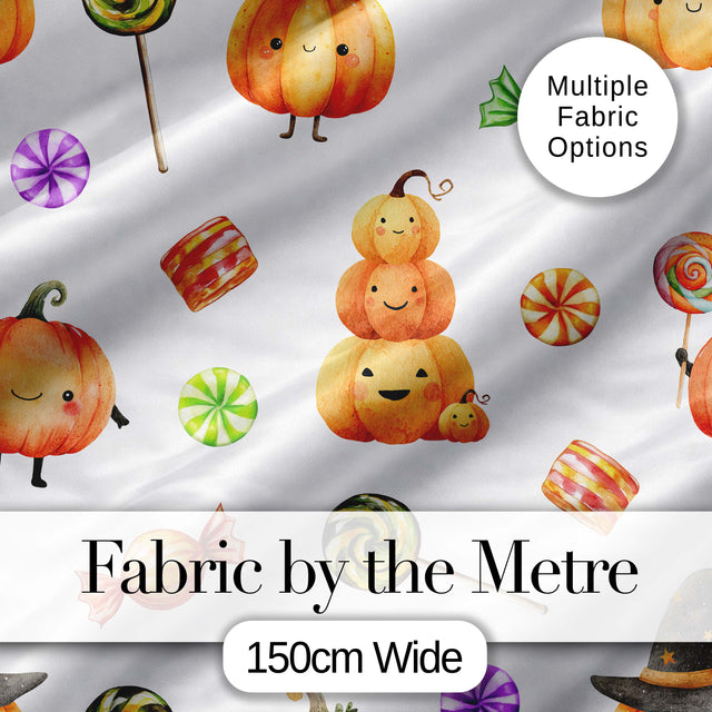 Cute Watercolor Pumpkins and Candy Sweets on Mint Green Background   Digital Print Fabric by the Metre UK Sewing Quilting Textile