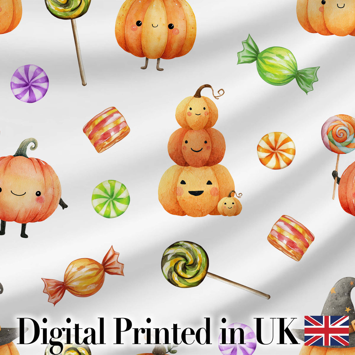Cute Watercolor Pumpkins and Candy Sweets on Mint Green Background   Digital Print Fabric by the Metre UK Sewing Quilting Textile